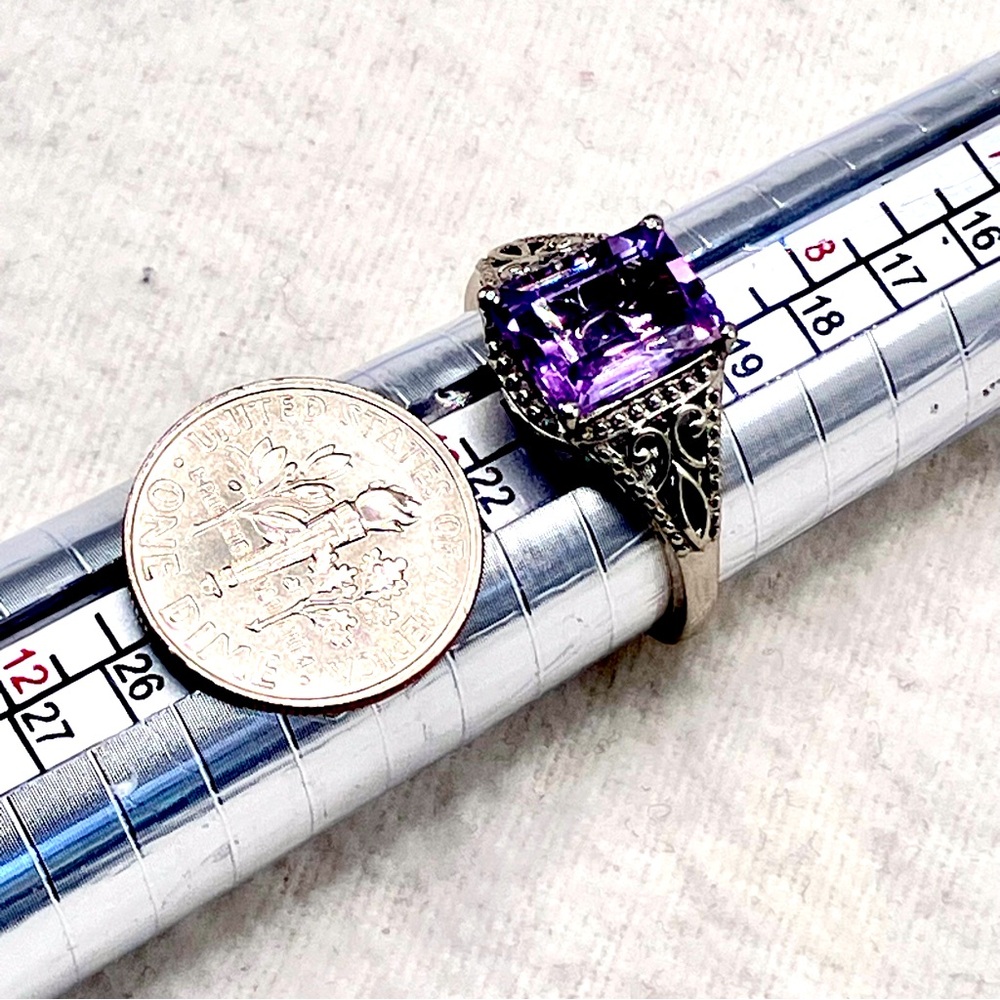 Stunning 3 Carat Emerald Cut Amethyst Ring in Platinum Over Sterling Silver - Picture 11 of 15